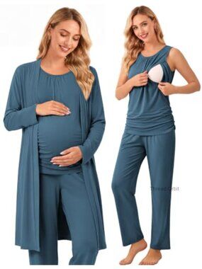 3PC Maternity Nursing Pajama Set Robe Tank Pants Breastfeeding
